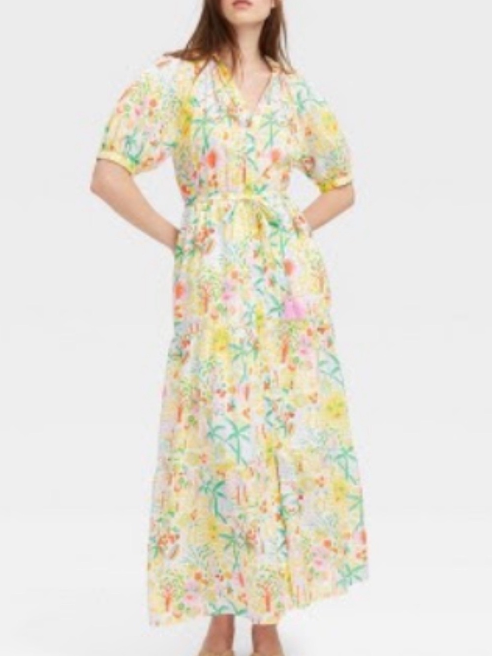 Preppy Floral Puff-Sleeve Maxi Dress in Pastel Multi